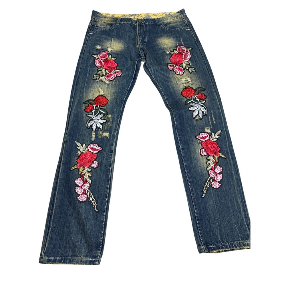 Graphic Patch Work Roses Floral Embroidered Y2K Graphic Denim Jeans Sz: 38x32 E8